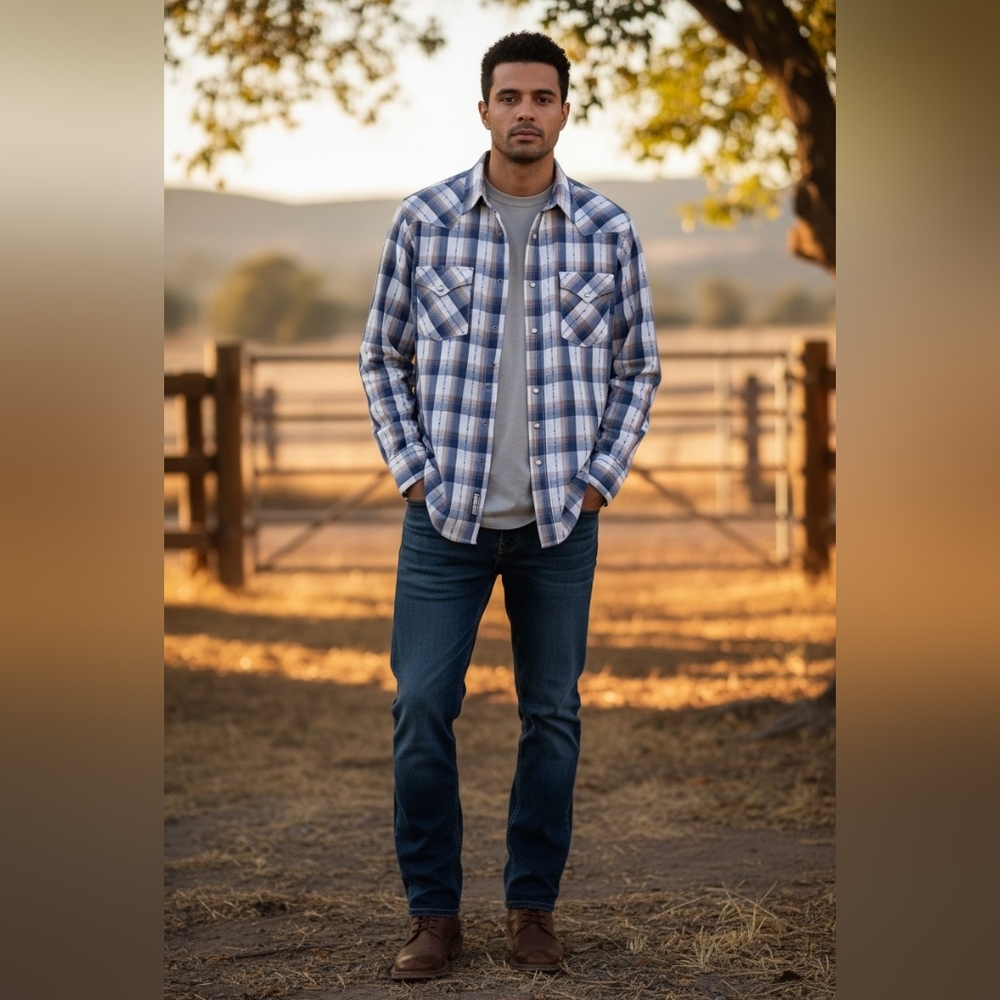 Lucky Brand Navy and White Plaid Button-Down Shirt